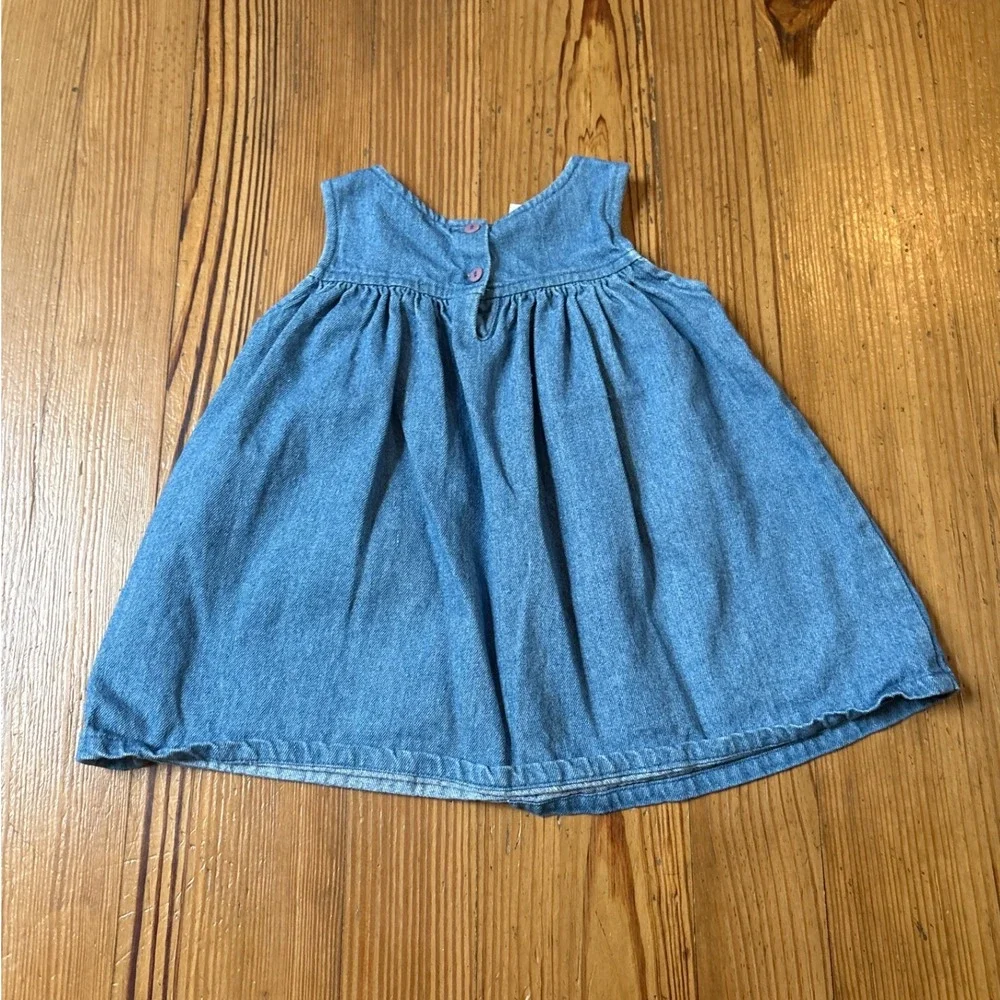Vintage Denim Dress Baby Girl Blue Embroidered Puppy Doghouse SIZE 12m